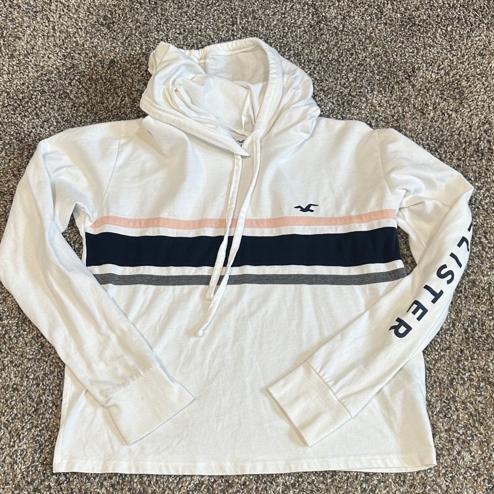 Hollister White Hoodie with Pink and Navy Stripes